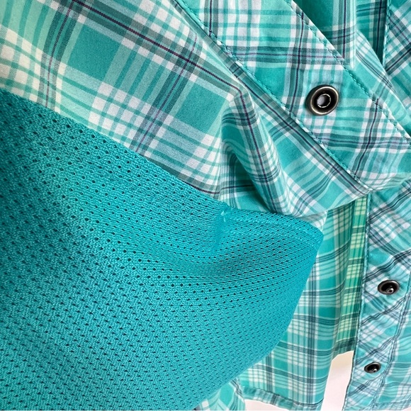 Eddie Bauer Plus Size 2XL Aqua Plaid Long Sleeve Summer Blouse Front Zip Pockets - Picture 11 of 14